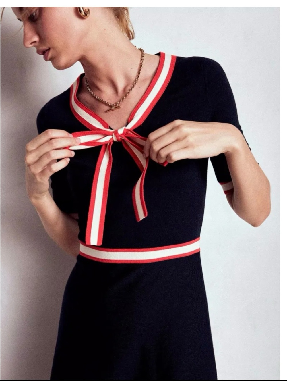 Boden Navy Midi Dress with Red & White Trim
